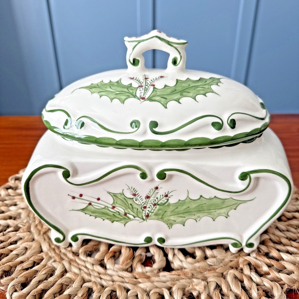 RCCL Tureen Handpainted Christmas Holly Berry Signed JS #222 Portugal Ceramic‎